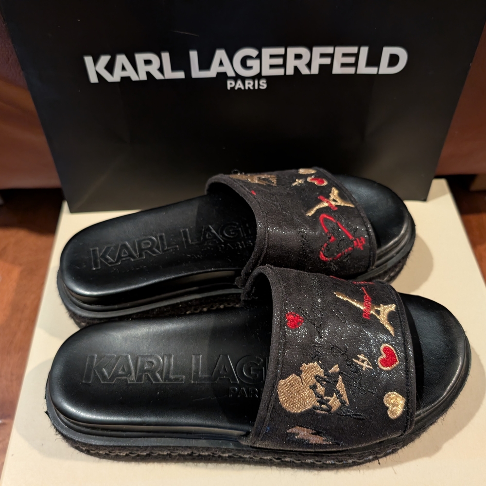 Karl Lagerfeld Black Slides with Colorful Embroidery